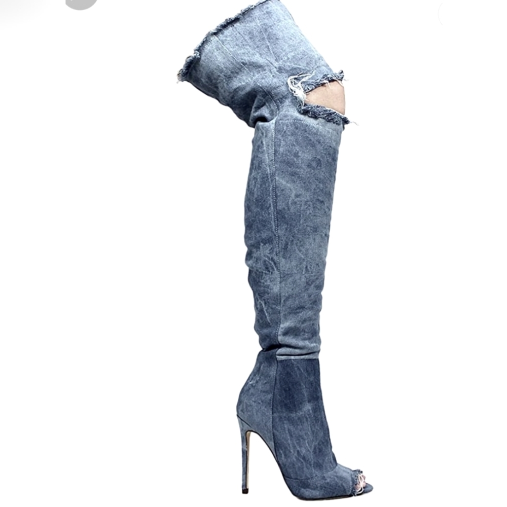 Liliana Barbara-13 Thigh High Over Knee Denim Open Toe Stiletto Heel Boot